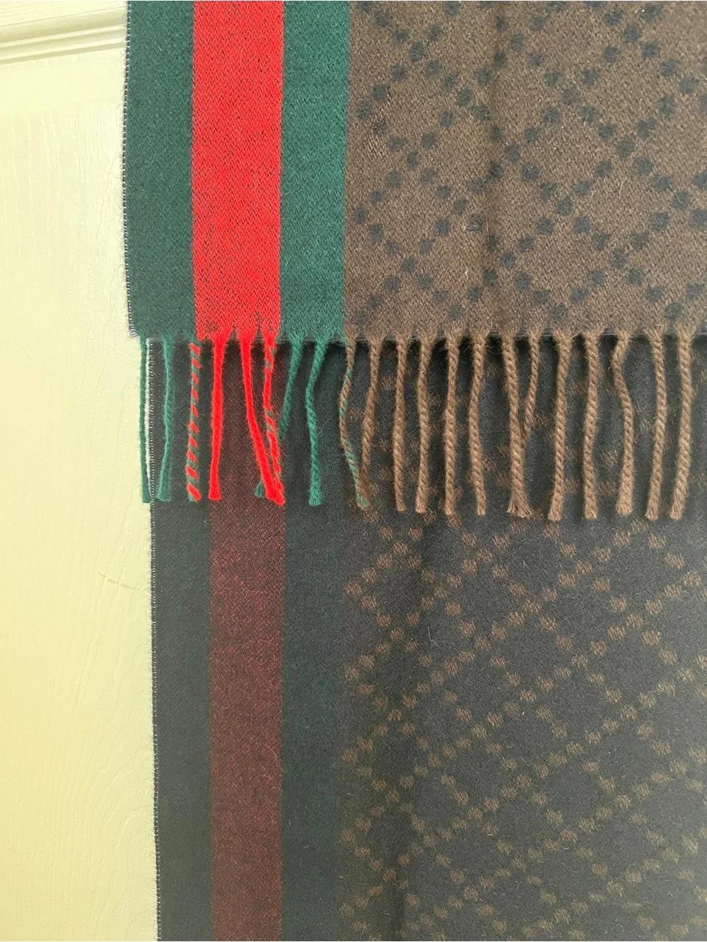 Gucci Brown Monogram Scarf with Red & Green Stripes